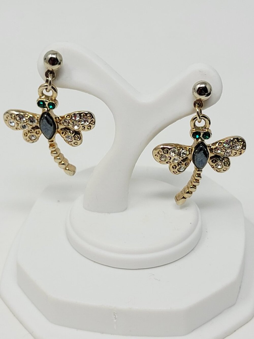 Vintage Dragonfly Earrings Hematite Body Gold Tone Dangle